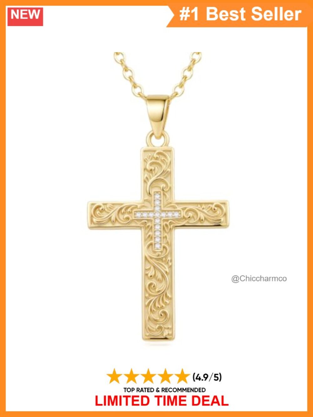 14K Gold Plated Cross Necklace CZ Pendant Cable Chain 18in